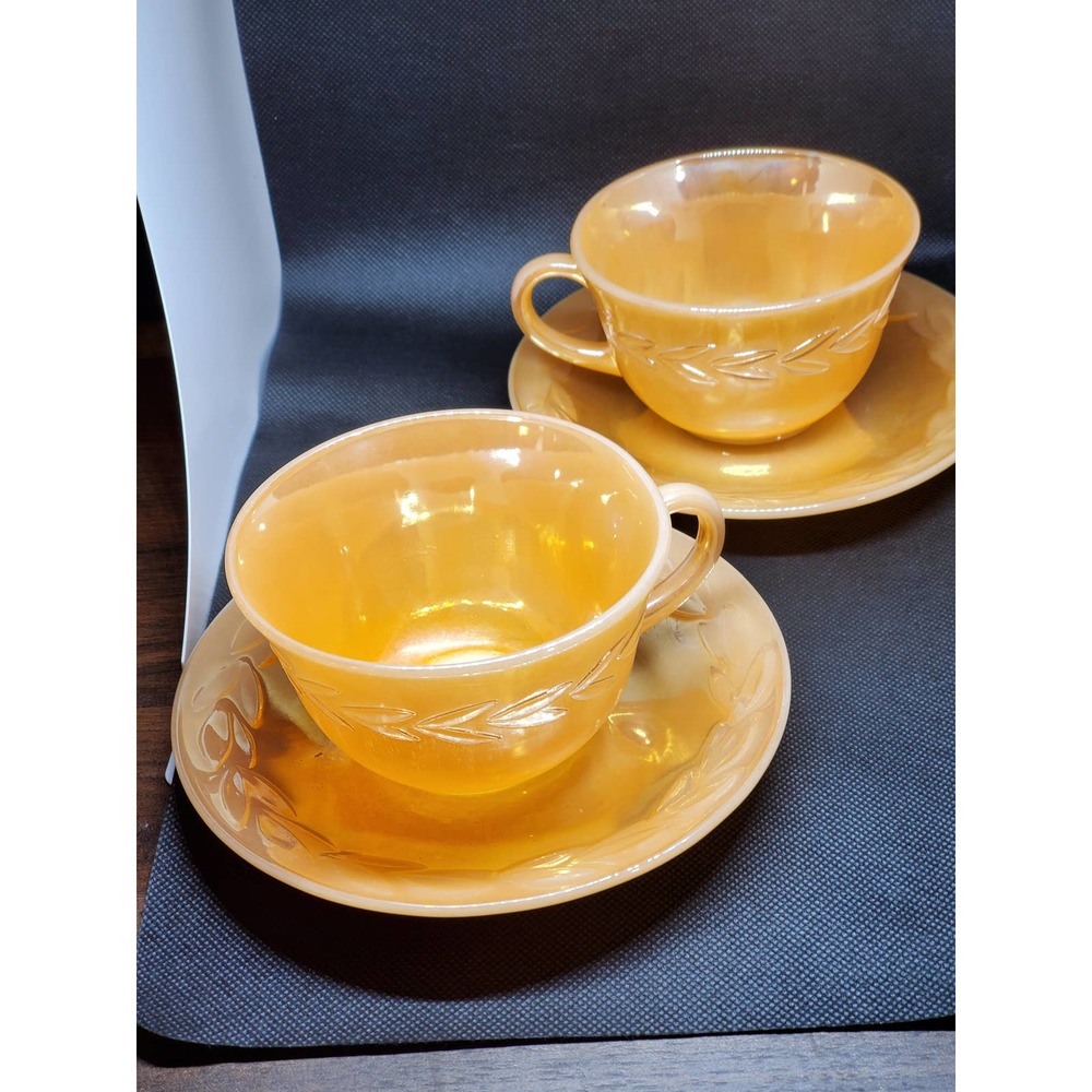 Anchor Hocking Fire King Peach Luster Swirl Cup and Saucer -2 Sets